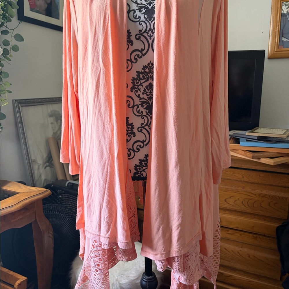 Peach Open Front Cardigan with Lace Hem